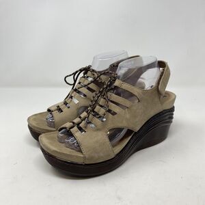 Bionica Sandals Womens Size 10 Beige Leather Strappy Wedge Lace Up Platform